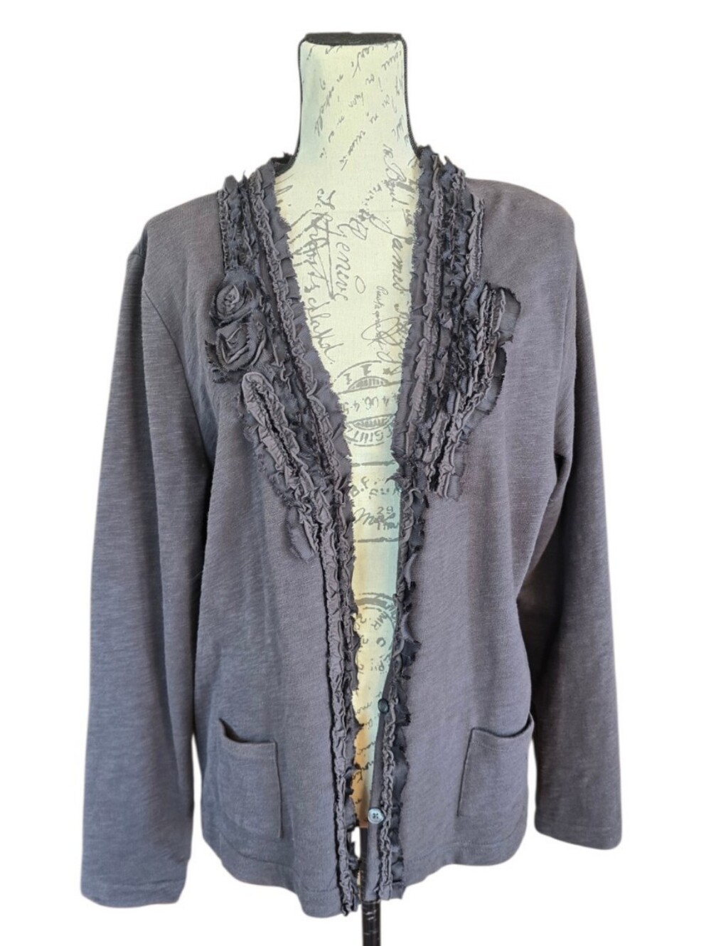 Eddie Bauer Ruffle Front Dark Gray Knit Button Cardigan XL - Picture 2 of 8